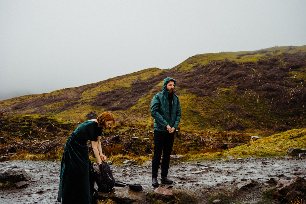 A couple prepare to hike on the Isle of Skye during their elopement.