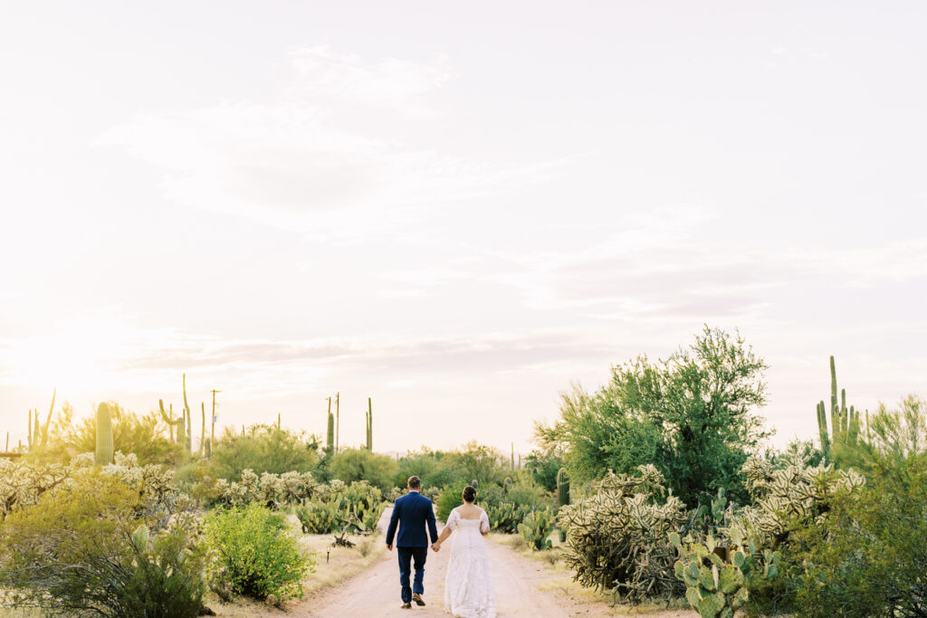 wedding photograph showing couple holding hands walking in the desert at sunset. 